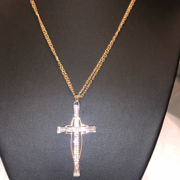 Cross Necklace Yellow White Gold Overlay - Picture 4 of 9